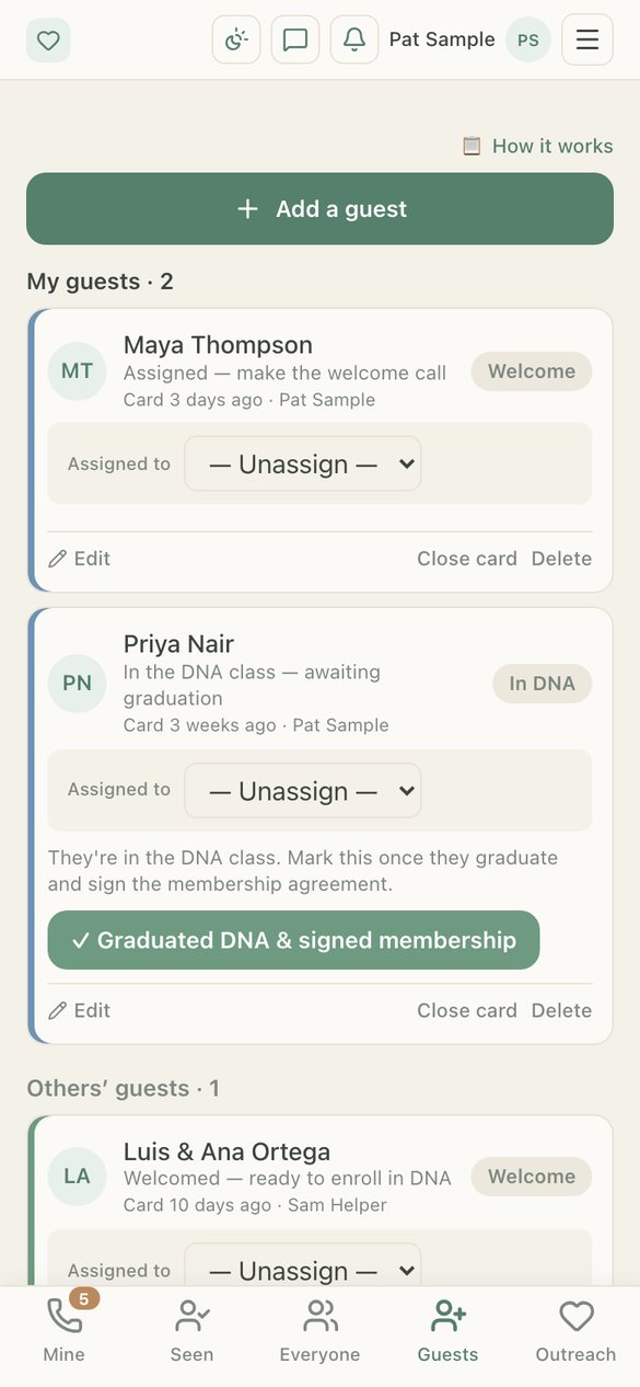 The Guests screen showing new guests at each welcome stage