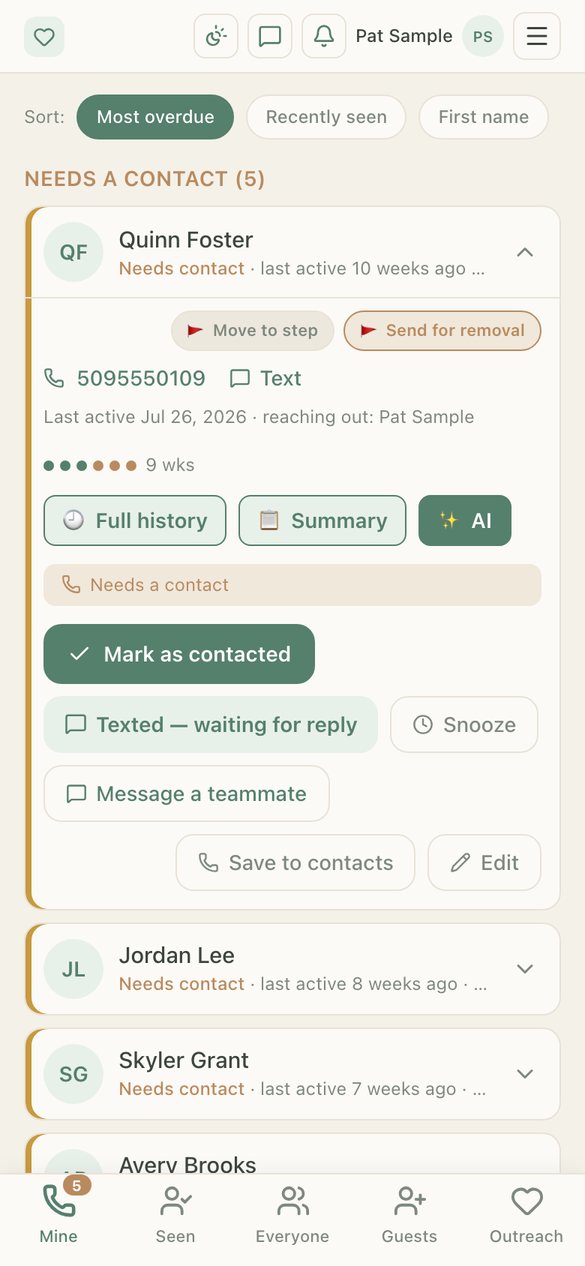 A person's card with call and text buttons, recent attendance dots and quick actions