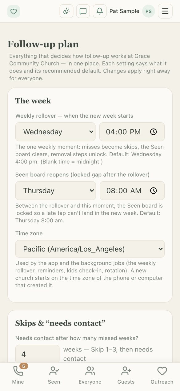 The Follow-up plan settings: weekly reset day and time, lock window and time zone