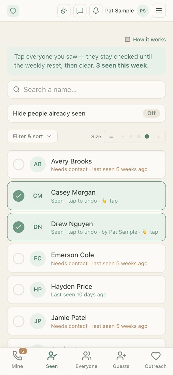 The Seen screen: a searchable list where leaders tap the people they saw